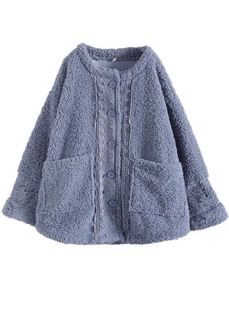 Dames Lichtblauwe O-hals Oversized Kanten Patchwork Teddy Nepbontjassen Winter - Lichtblauw