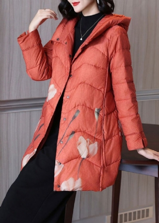 Dames Oranje Print Eendendons Parka Met Capuchon En Winter