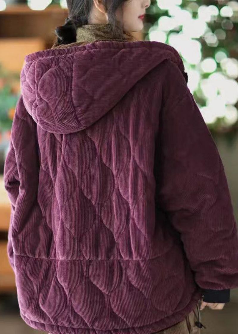 Dames Paars Capuchonzakken Corduroy Fleece Wol Gevoerde Jas Winter - Dames donsjacks