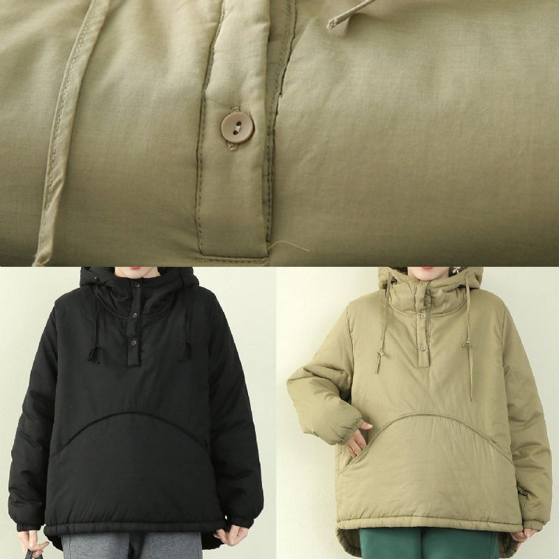 Dames Plus Size Jassen Uitloper Lichtgroene Parka Met Trekkoord En Capuchon - Zwart