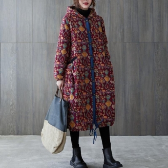 Dames Plus Size Warme Winterjas Winterjassen Bordeauxrode Print Jas Met Capuchon En Zakken