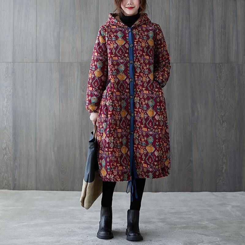 Dames Plus Size Warme Winterjas Winterjassen Bordeauxrode Print Jas Met Capuchon En Zakken - Blauw