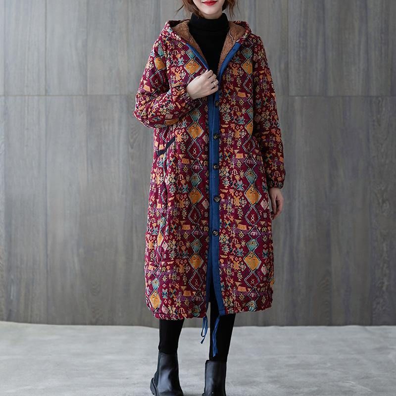 Dames Plus Size Warme Winterjas Winterjassen Bordeauxrode Print Jas Met Capuchon En Zakken - Blauw