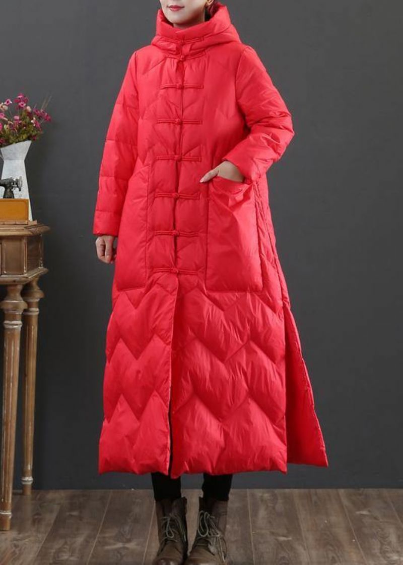 Dames Plus Size Winteruitloper Rode Eendendonsjas Met Chinese Knopen En Capuchon - Roze