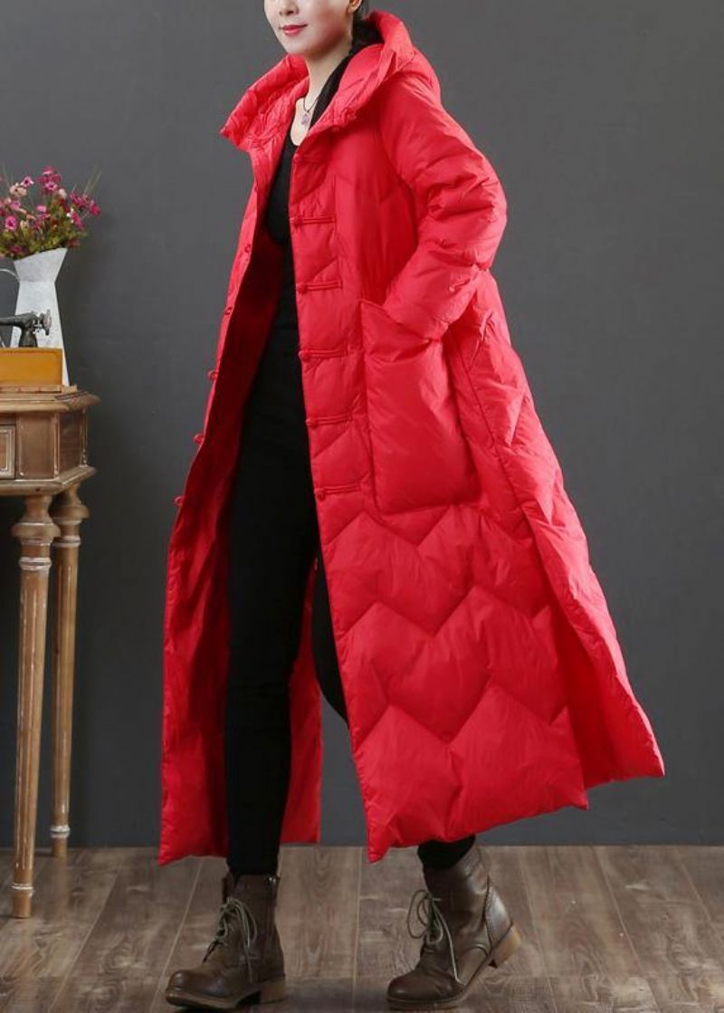 Dames Plus Size Winteruitloper Rode Eendendonsjas Met Chinese Knopen En Capuchon - Roze