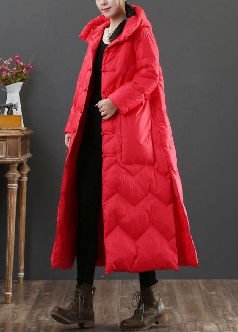 Dames Plus Size Winteruitloper Rode Eendendonsjas Met Chinese Knopen En Capuchon - Roze