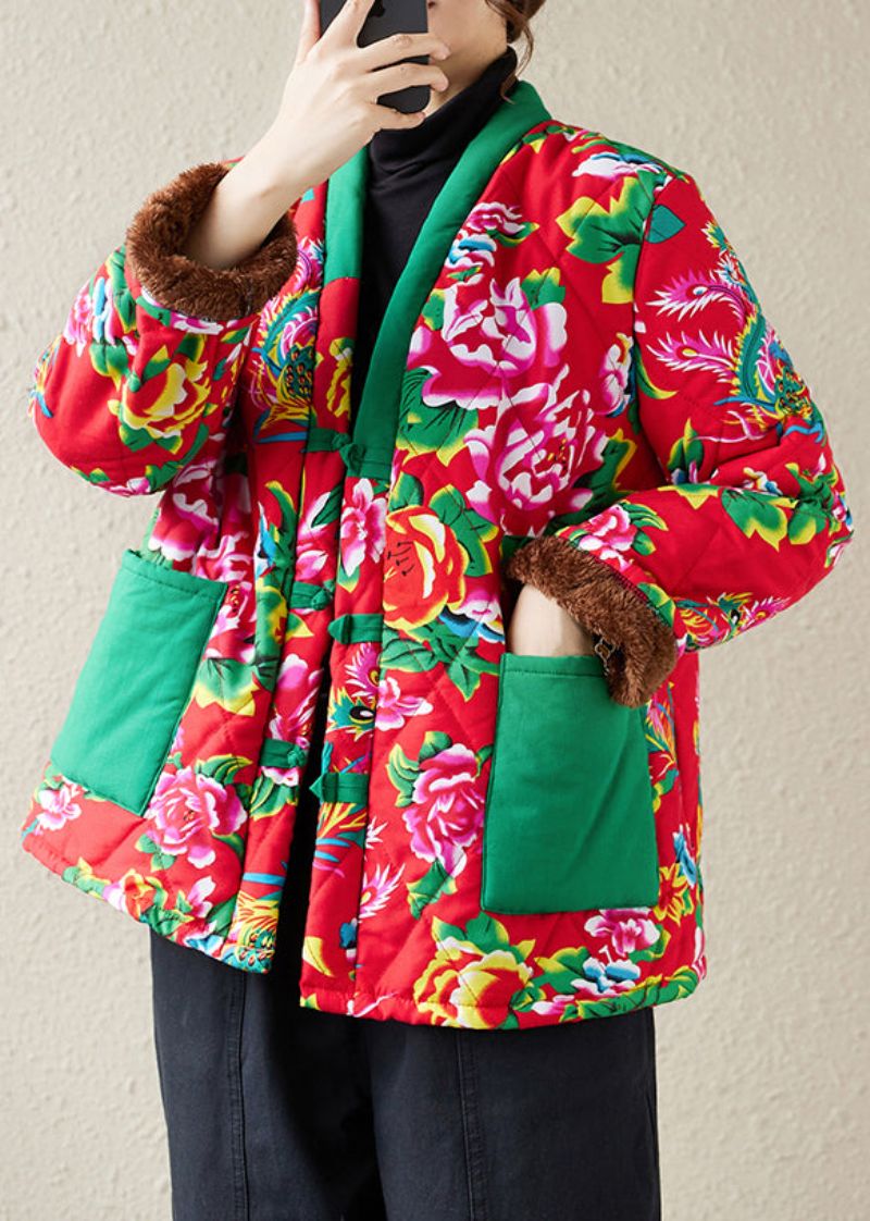 Dames Rode Print Zakken Patchwork Warme Fleece Parka Winter