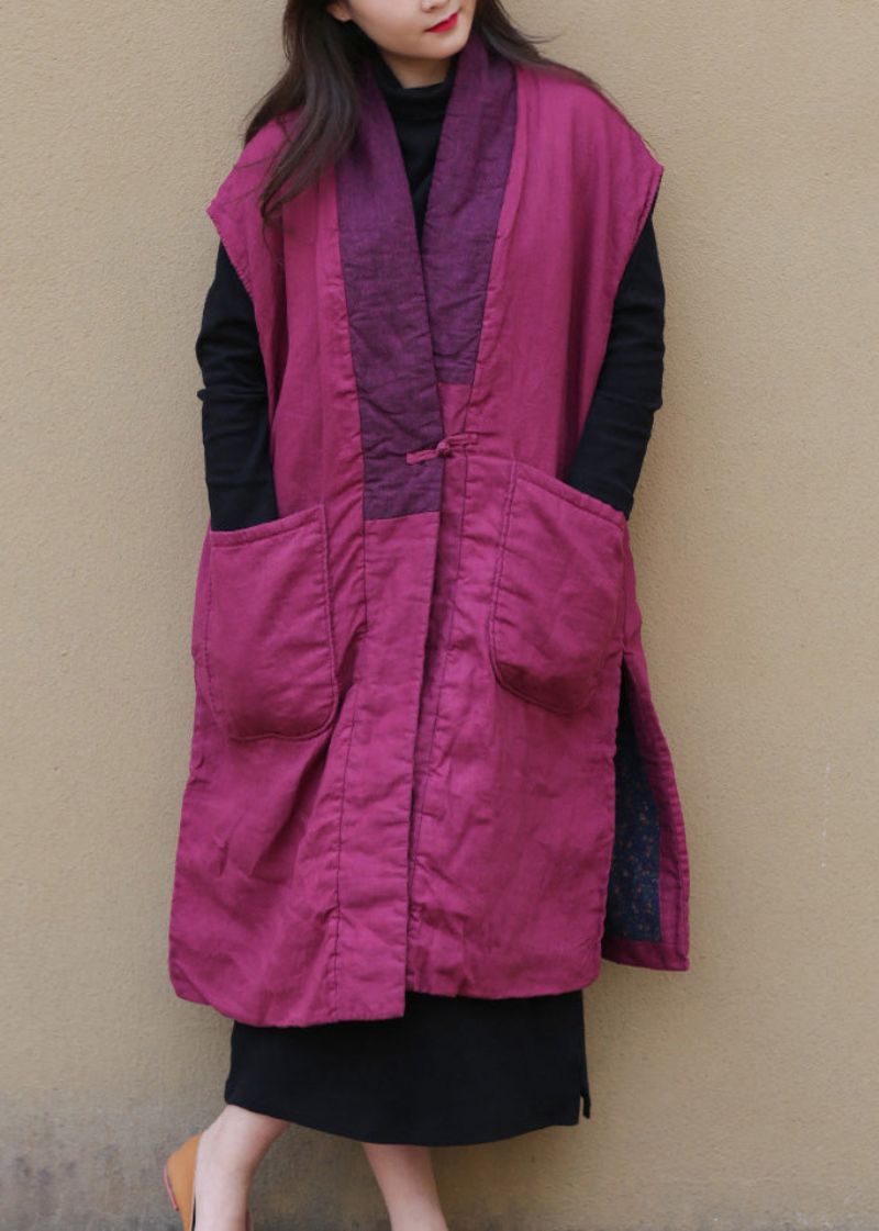 Dames Rood V-hals Warm Fleece Zij-open Knoopvest Winter - Dames donsjacks