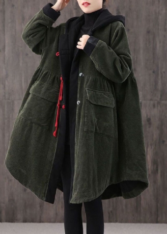 Dames Theegroene Capuchon Met Knoopzakken En Patchwork Winterkatoenen Parka Met Lange Mouwen