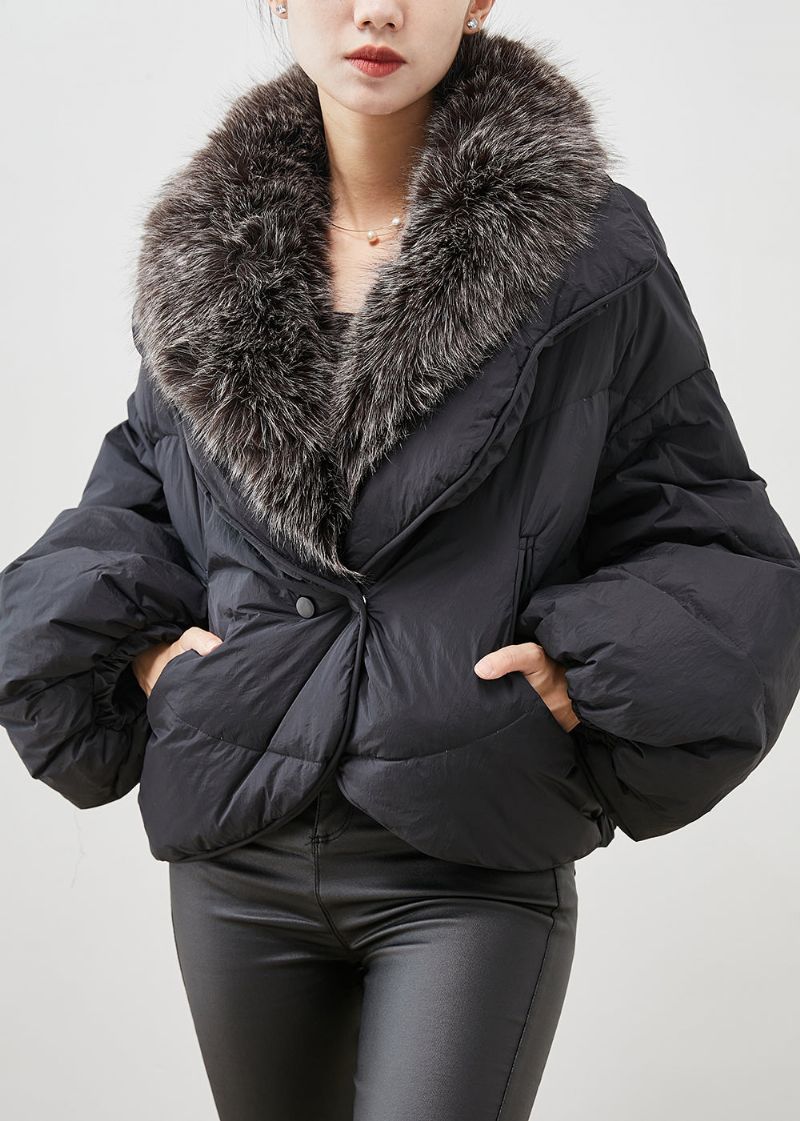 Dames Zwart Konijnenhaar Kraag Warm Eendendons Pufferjack Winter - Dames donsjacks