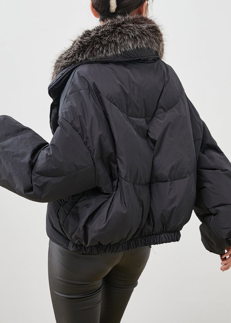 Dames Zwart Konijnenhaar Kraag Warm Eendendons Pufferjack Winter - Dames donsjacks