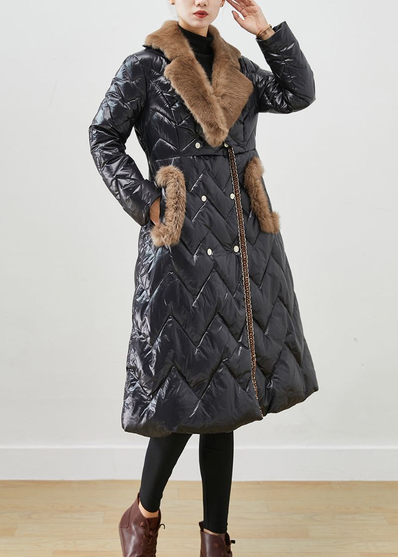 Dames Zwarte Bontkraag Patchwork Eendendons Puffers Jassen Winter