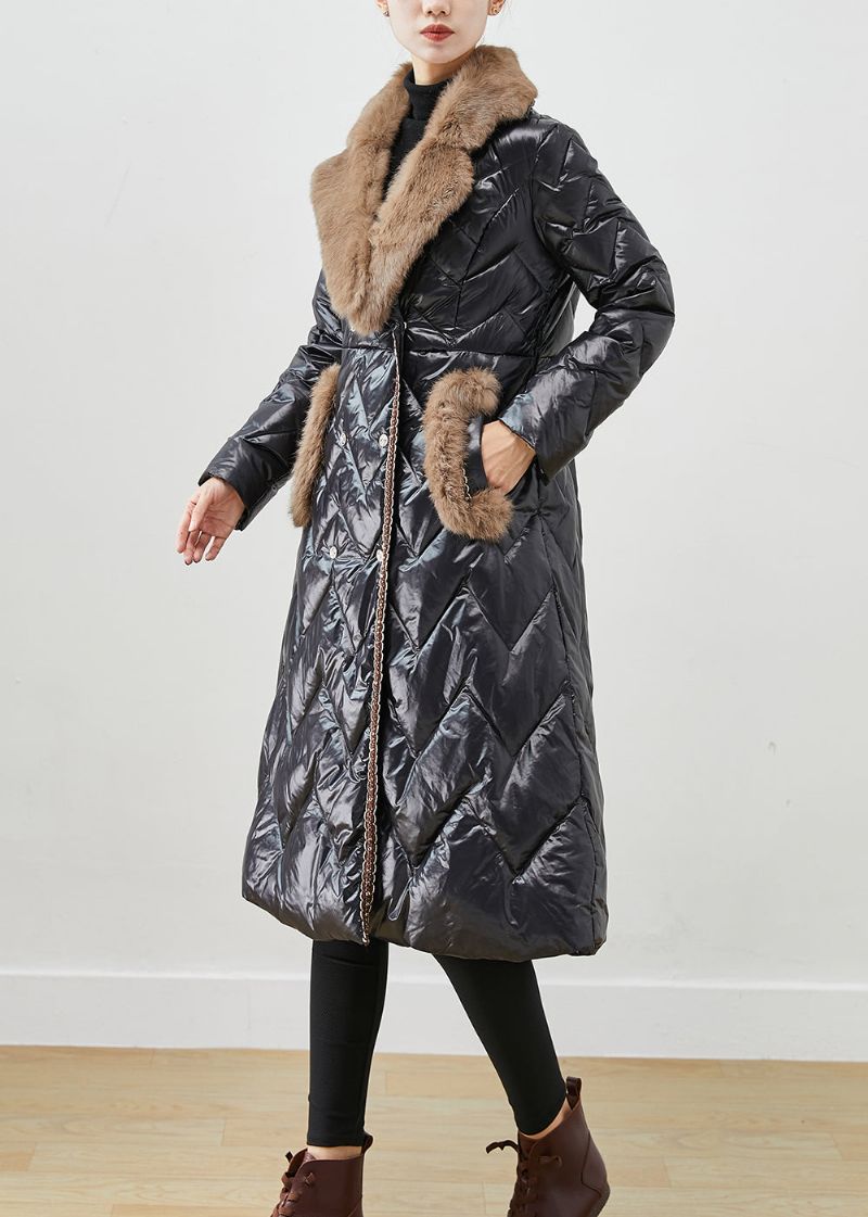 Dames Zwarte Bontkraag Patchwork Eendendons Puffers Jassen Winter - Dames donsjacks