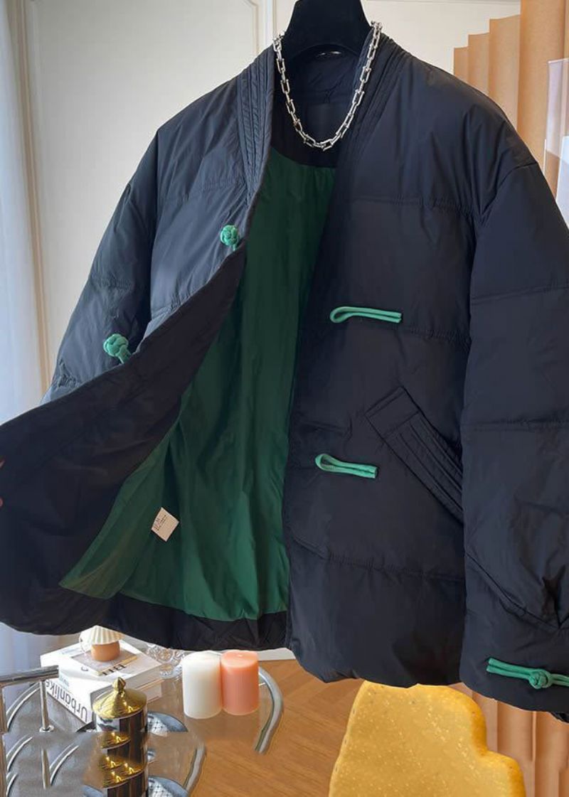 Dames Zwarte V-hals Oversized Oosterse Knop Fijn Katoen Gevulde Jassen Winter - Dames donsjacks