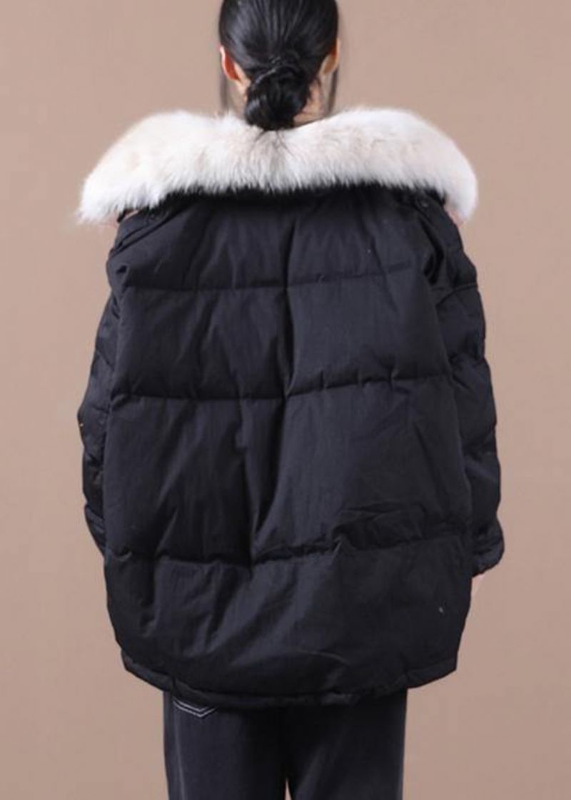 Dames Zwarte Warme Winterjas Plus Size Parka Nepbontkraag Trekkoord Elegante Jassen - Zwart