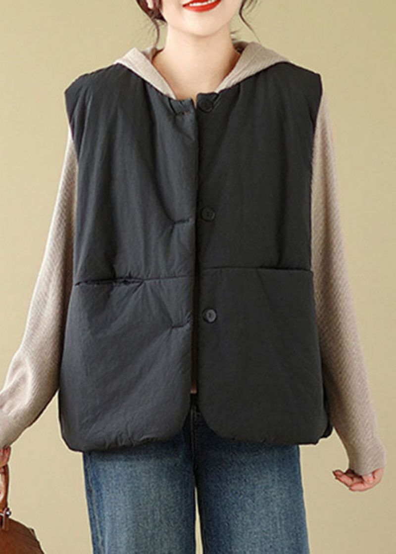 Dames Zwarte Zakken Patchwork Knoopjack Met Capuchon Vest Winter - Dames donsjacks