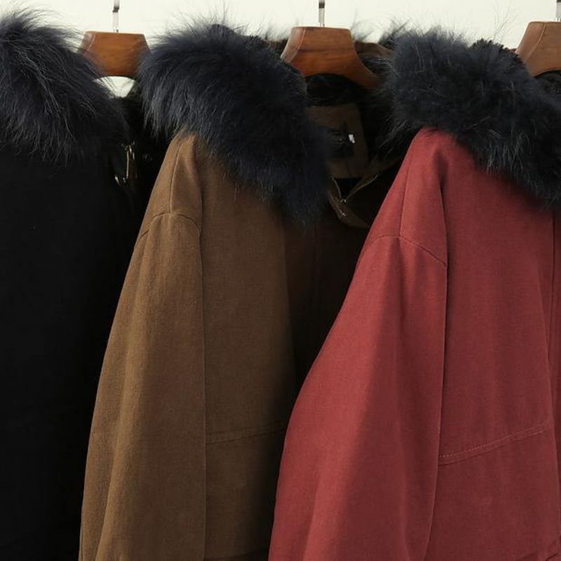 Dikke Bruine Winterparka's Casual Sneeuwjassen Winterjas Met Nepbontkraag - Rood