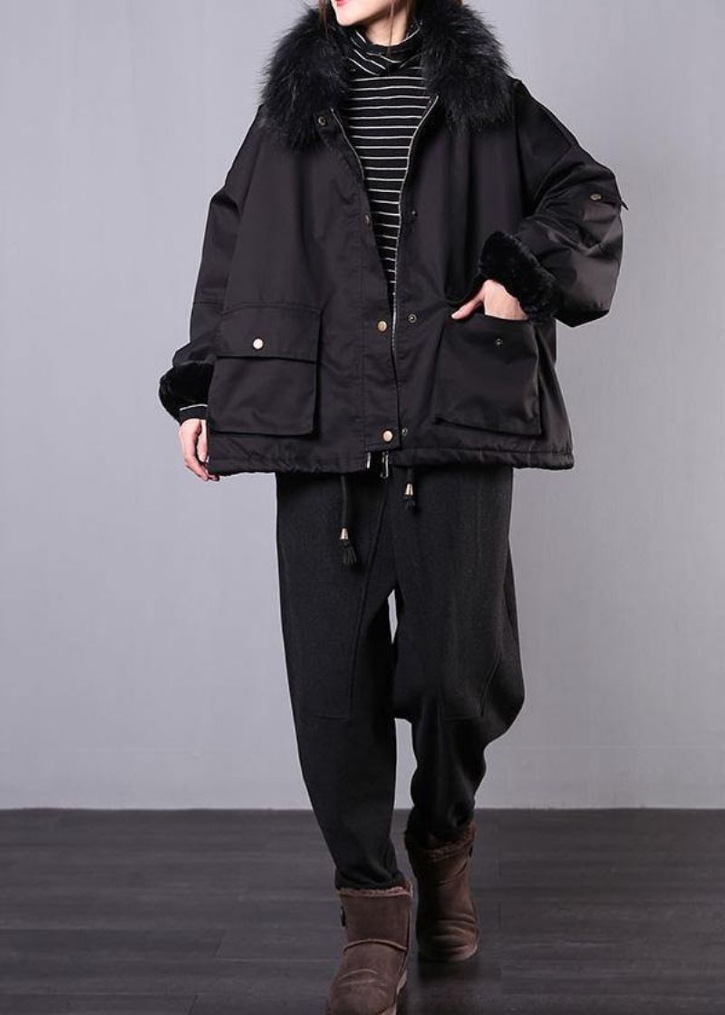 Dikke Zwarte Casual Outfit Oversized Jassen Zakken Nepbontkraag Overjas - Zwart