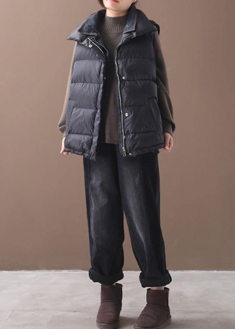 Dikke Zwarte Damesparka Oversized Donsjack Mouwloos Opstaande Kraag Winter Korte Uitloper - Dames donsjacks