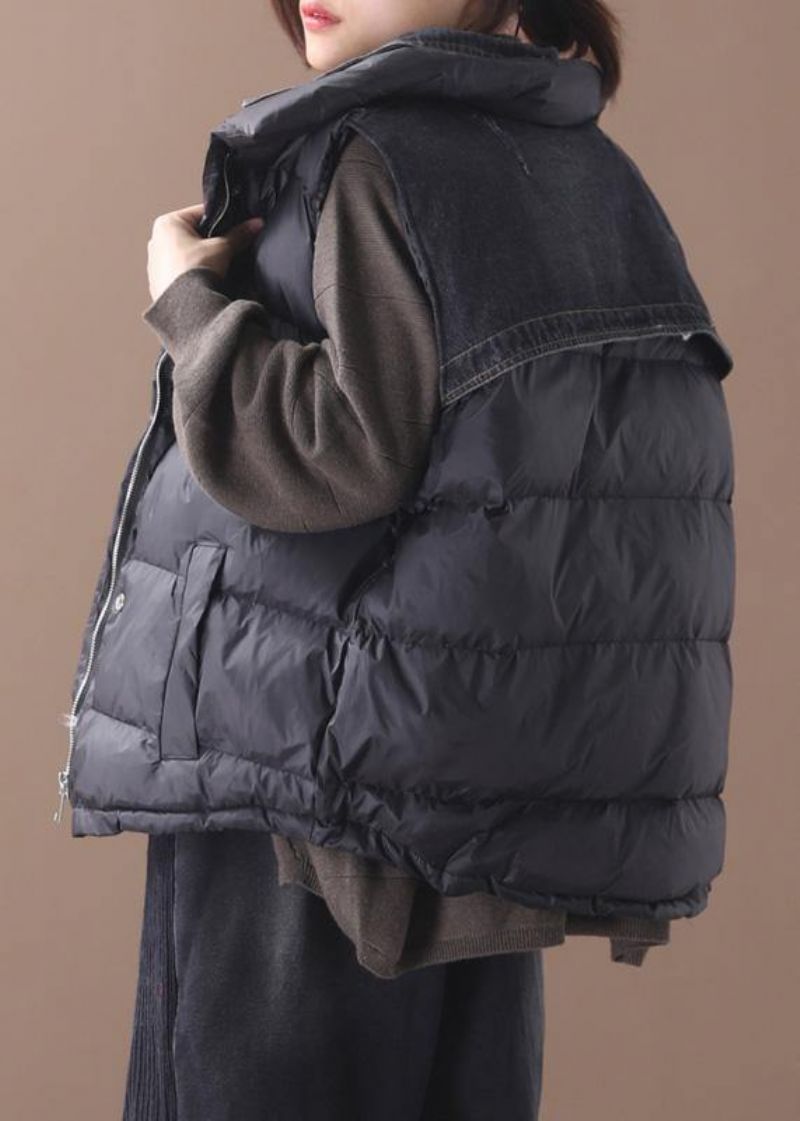 Dikke Zwarte Damesparka Oversized Donsjack Mouwloos Opstaande Kraag Winter Korte Uitloper - Dames donsjacks