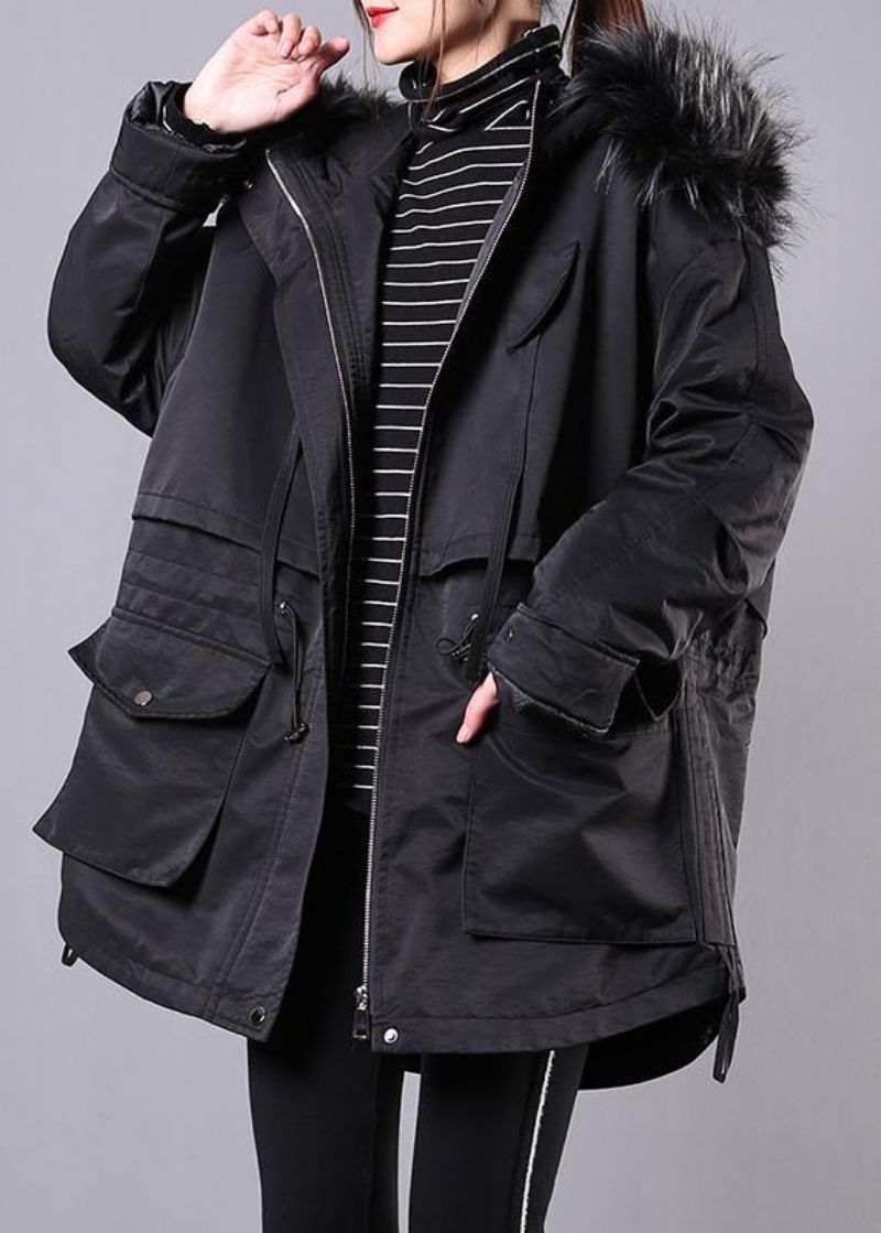 Dikke Zwarte Winterparka Oversized Donsjack Overjas Met Bontkraag En Capuchon