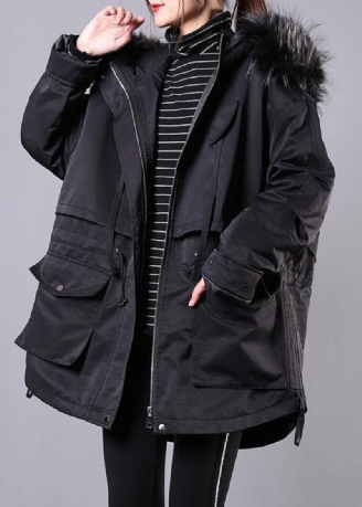 Dikke Zwarte Winterparka Oversized Donsjack Overjas Met Bontkraag En Capuchon