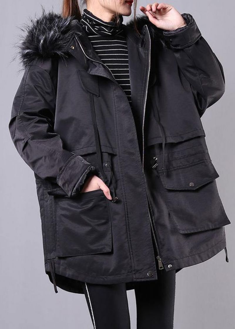 Dikke Zwarte Winterparka Oversized Donsjack Overjas Met Bontkraag En Capuchon - Dames donsjacks