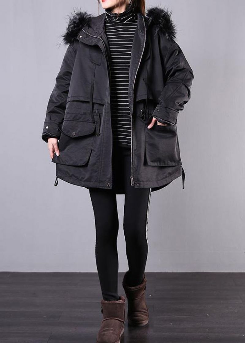 Dikke Zwarte Winterparka Oversized Donsjack Overjas Met Bontkraag En Capuchon - Dames donsjacks