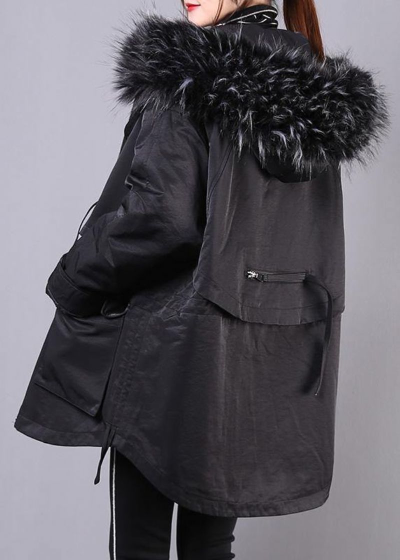 Dikke Zwarte Winterparka Oversized Donsjack Overjas Met Bontkraag En Capuchon - Dames donsjacks