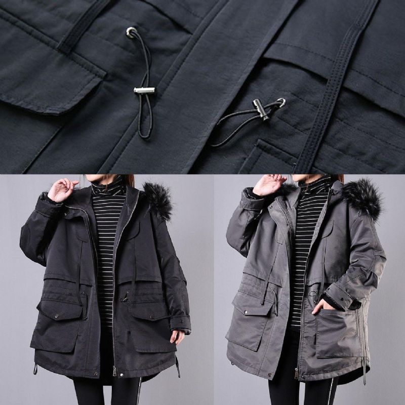 Dikke Zwarte Winterparka Oversized Donsjack Overjas Met Bontkraag En Capuchon - Dames donsjacks