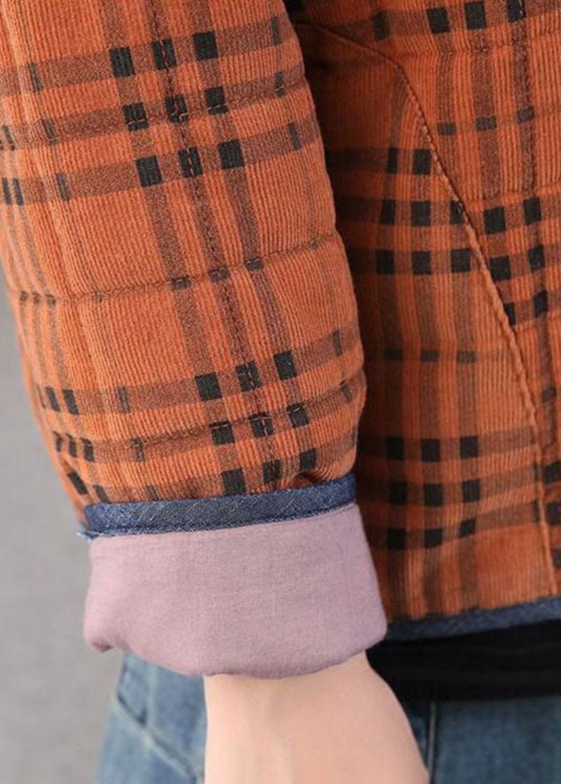 Diy Oranje Geruite Patchwork Corduroy Winterjas - Oranje