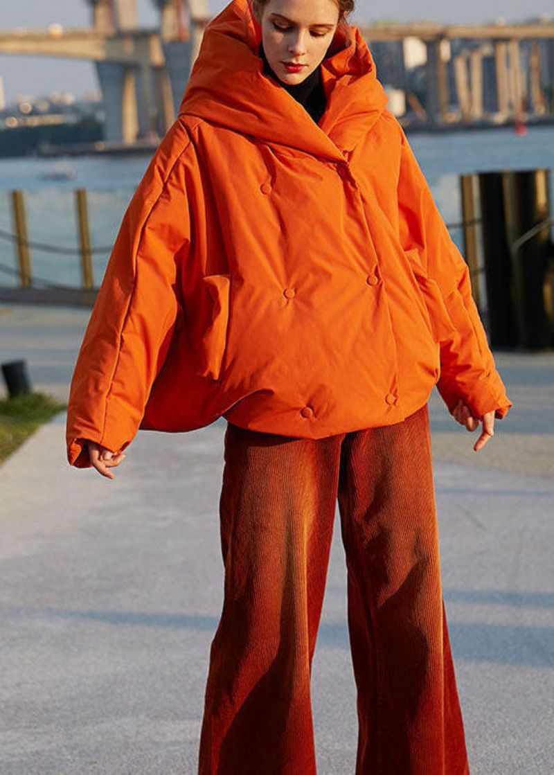 Diy Oranje Oversized Effen Kleur Eendendons Puffer Jas Met Capuchon Vleermuismouw - Dames donsjacks