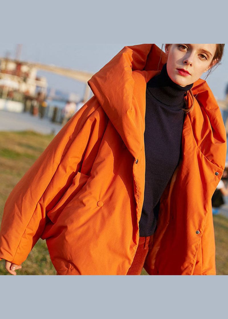 Diy Oranje Oversized Effen Kleur Eendendons Puffer Jas Met Capuchon Vleermuismouw - Dames donsjacks