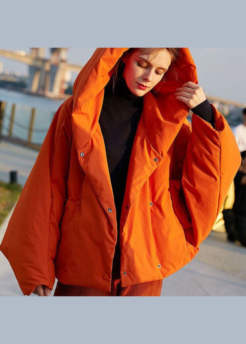 Diy Oranje Oversized Effen Kleur Eendendons Puffer Jas Met Capuchon Vleermuismouw - Dames donsjacks