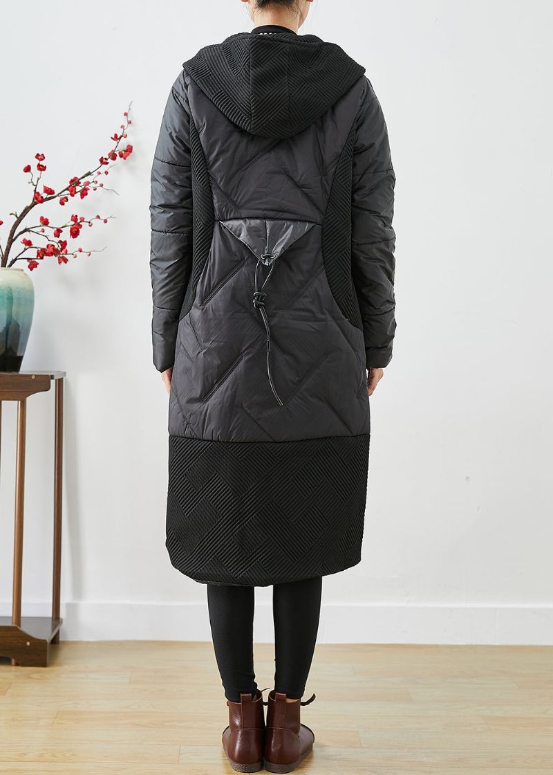 Diy Zwarte Capuchon Patchwork Chinese Knoop Fijne Katoen Gevulde Parka Winter - Dames donsjacks