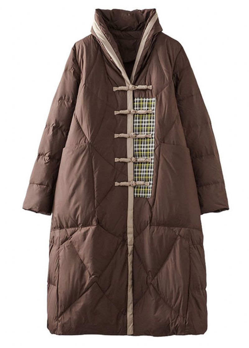 Eenvoudig Bruin Patchwork Oosterse Knoop Eendendons Puffer Uitloper Winter - Dames donsjacks