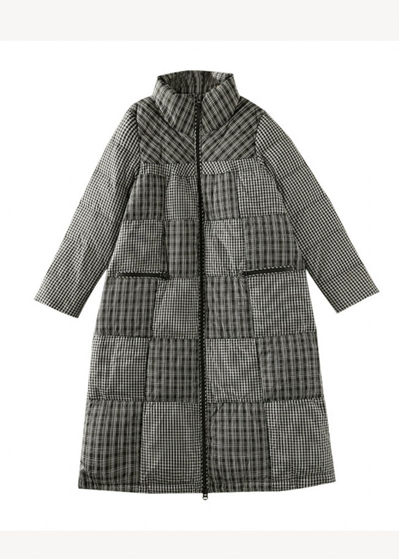 Eenvoudige Zwarte Geruite Opstaande Kraag Patchwork Eendendons Pufferjassen Winter - Dames donsjacks