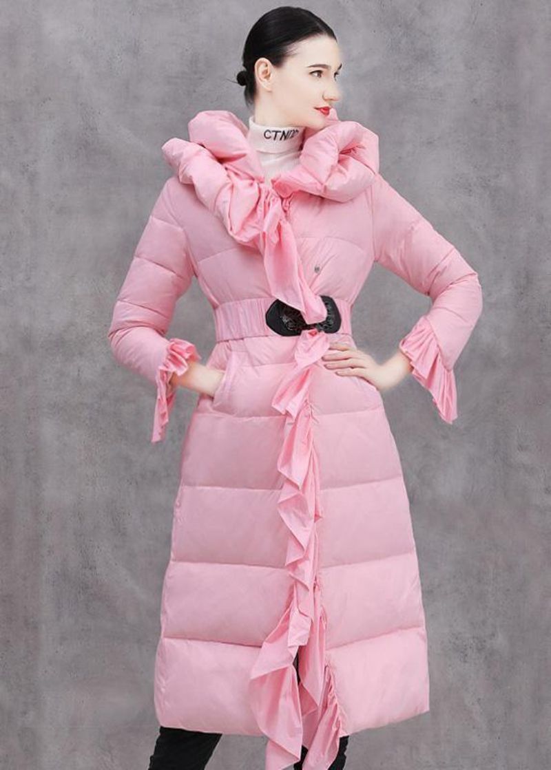 Elegant Casual Winterjas Met Ruches Roze Eendendonsjas Met Striktaille