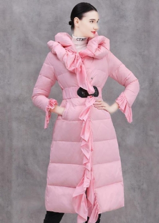 Elegant Casual Winterjas Met Ruches Roze Eendendonsjas Met Striktaille