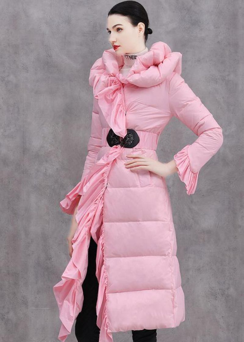 Elegant Casual Winterjas Met Ruches Roze Eendendonsjas Met Striktaille - Dames donsjacks