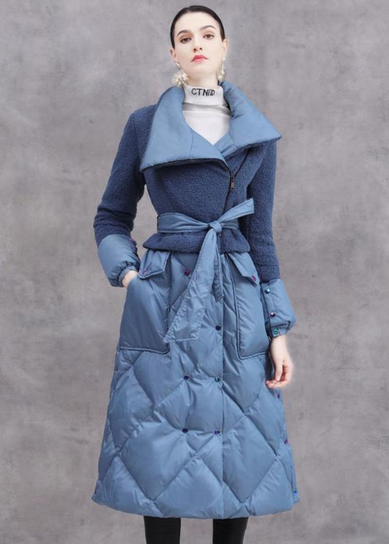 Elegant Trendy Plus Size Donsjack Patchwork Winteroutwear Blauwe Warme Winterjas Met Strikband