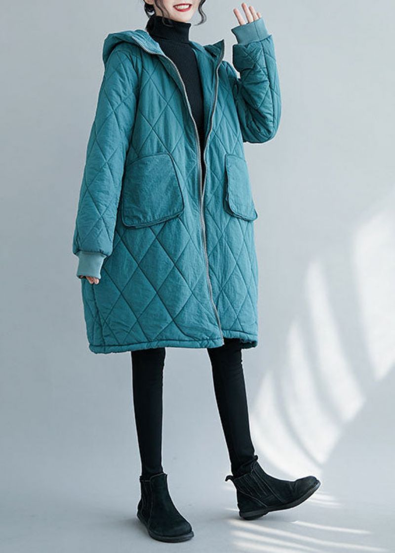 Elegante Blauwe Dikke Met Fijn Katoen Gevulde Parka Met Ritssluiting Winter - Blauw