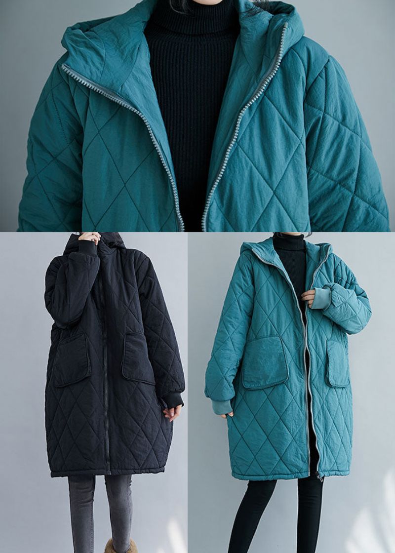 Elegante Blauwe Dikke Met Fijn Katoen Gevulde Parka Met Ritssluiting Winter - Blauw