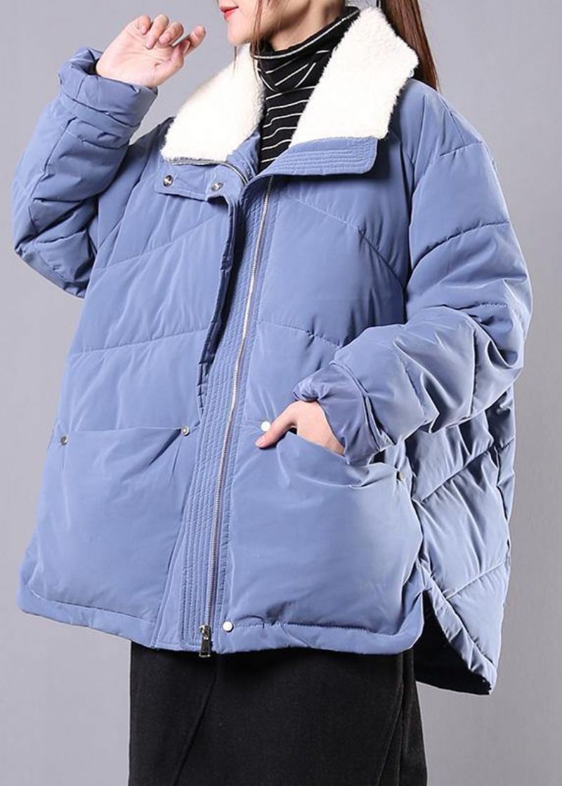 Elegante Blauwe Parka's Voor Dames Losvallende Winterjas Met Reverszakken En Overjas Met Ritssluiting