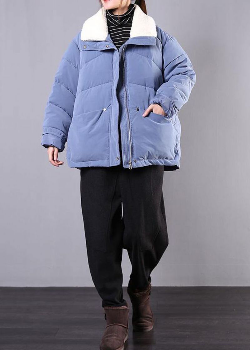 Elegante Blauwe Parka's Voor Dames Losvallende Winterjas Met Reverszakken En Overjas Met Ritssluiting - Blauw