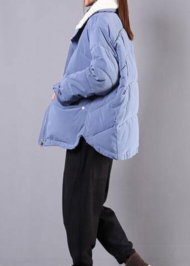 Elegante Blauwe Parka's Voor Dames Losvallende Winterjas Met Reverszakken En Overjas Met Ritssluiting - Blauw