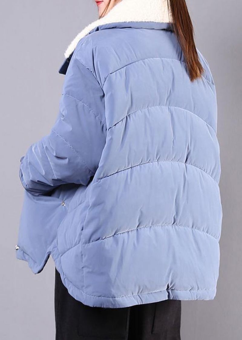 Elegante Blauwe Parka's Voor Dames Losvallende Winterjas Met Reverszakken En Overjas Met Ritssluiting - Blauw