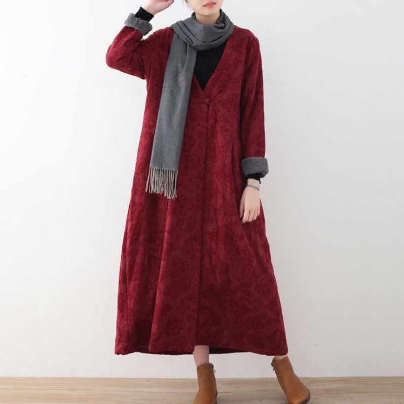 Elegante Bordeauxrode Katoenen Jassen Casual Maxi-jas Vintage Trenchcoat Dik - Bordeaux