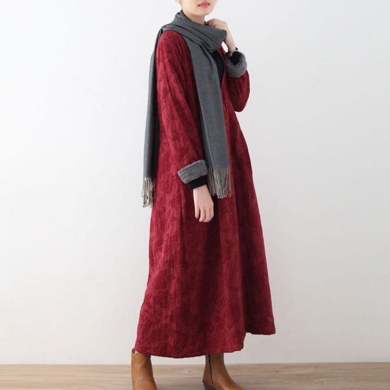 Elegante Bordeauxrode Katoenen Jassen Casual Maxi-jas Vintage Trenchcoat Dik - Bordeaux