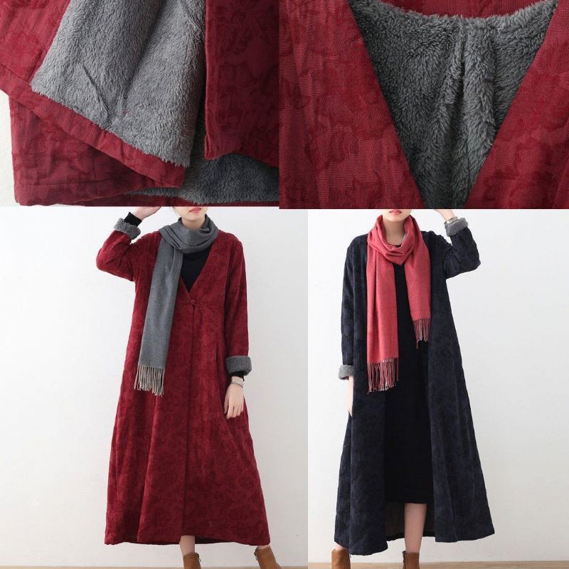 Elegante Bordeauxrode Katoenen Jassen Casual Maxi-jas Vintage Trenchcoat Dik - Bordeaux